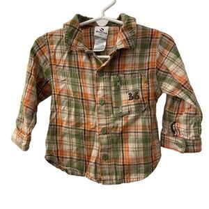 Absorba Button Down Shirt Plaid Orange Brown Green Boy Size 18 Months